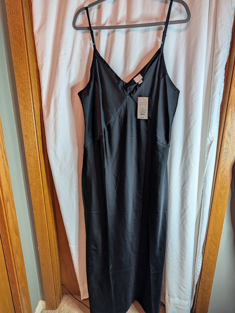 A New Day Black Satin Slip Dress 1X NWT Adjustable Straps Midi Maxi